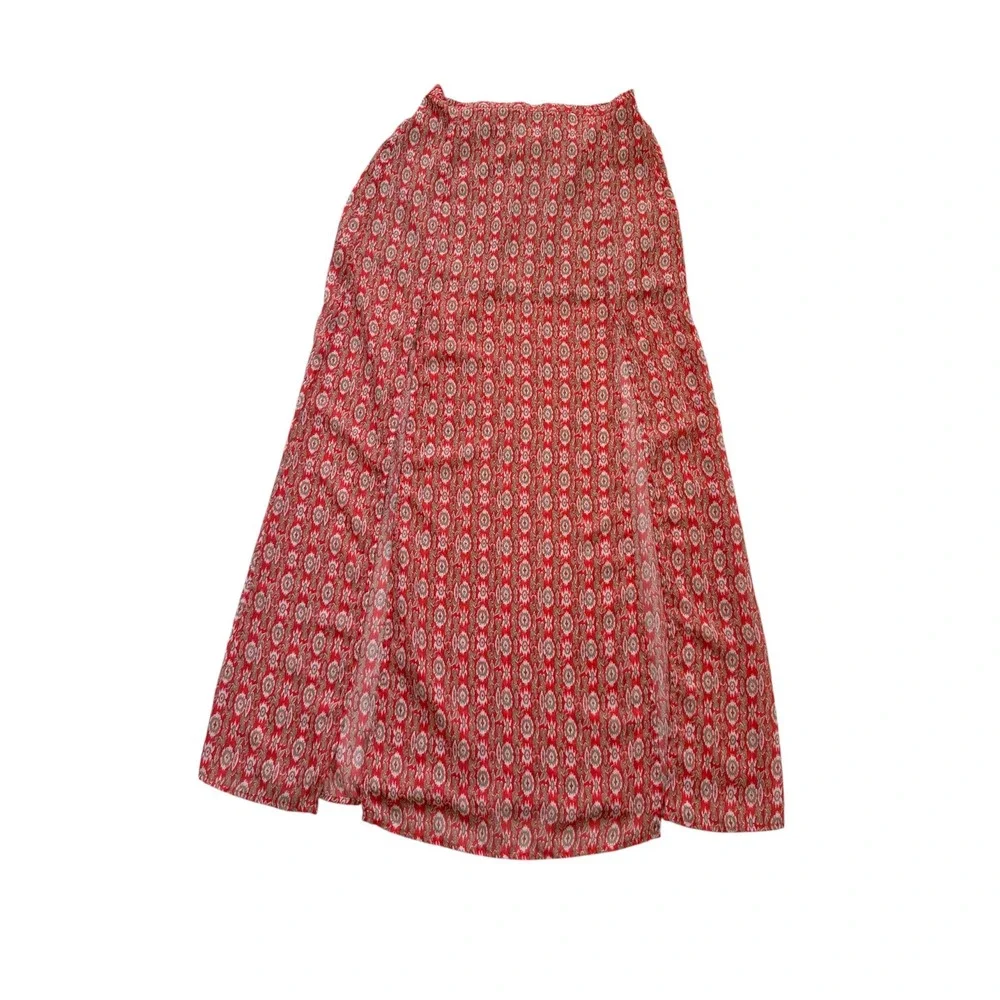 Skies Are Blue Red Boho Ikat Print Maxi‎ Skirt with High Slit Small 50489